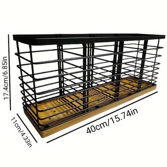 XL Kitchen Utensil Holder w/ 4 Compartments, Matte Black Metal holder w/WoodBase - Picture 2 of 4